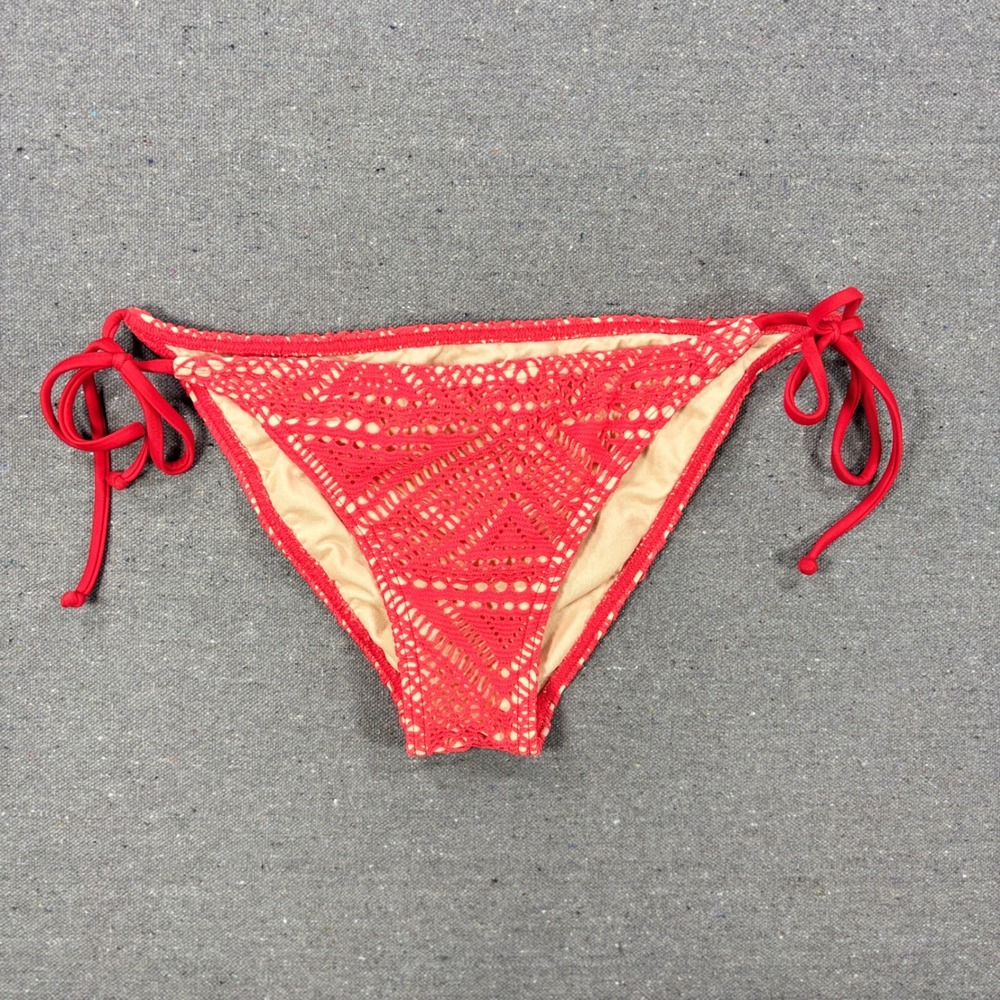 Billabong Bikini Bottom Women M Red Bob Marley Crochet Side Tie Swimwear Sz-XS-S